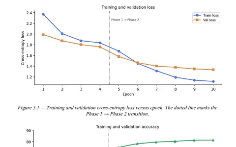 Results chapter page from the M.E. skin disease detection dissertation, with training and validation loss and accuracy curves across two training phases.