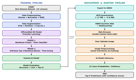 Flowchart from the M.E. skin disease detection project: a two-phase EfficientNet-B0 training pipeline on the left and an ONNX and WebAssembly in-browser deployment pipeline on the right.