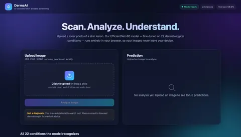 Home screen of the skin disease detection web app from a delivered M.E. project: upload a photo and get an AI prediction that runs entirely in the browser.