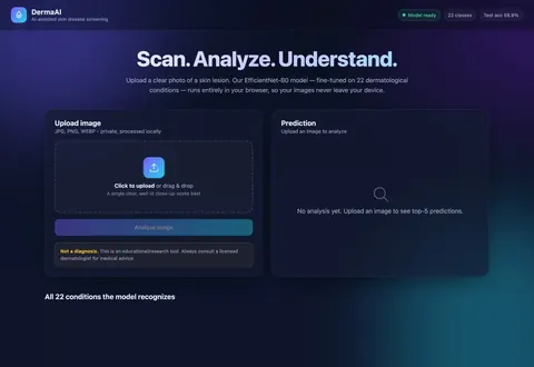 DermaAI web app home screen: upload a skin photo and get an AI prediction that runs entirely in the browser.