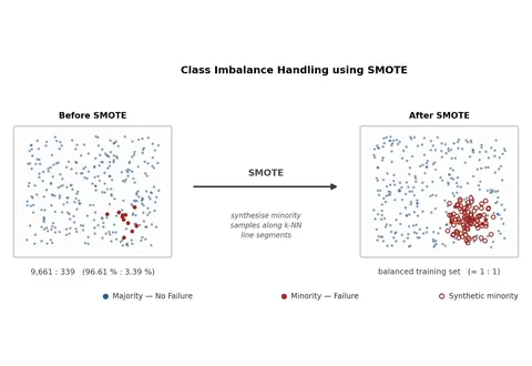 Schematic of SMOTE oversampling: the rare failure class before and after synthetic minority samples balance the training set.