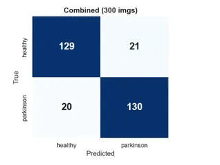 Confusion matrices (healthy vs. Parkinson's) for the spiral model, the wave model and the combined 300-image test set.
