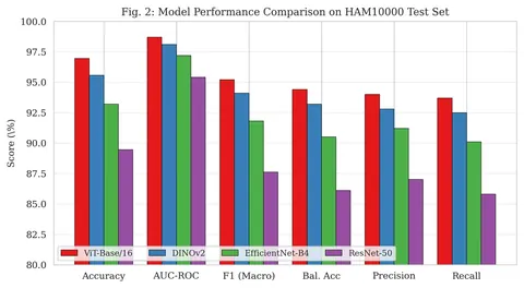 Bar chart comparing Vision Transformer (ViT-Base/16) and DINOv2 skin lesion classifiers with EfficientNet-B4 and ResNet-50 on accuracy, AUC-ROC, F1, balanced accuracy, precision and recall.