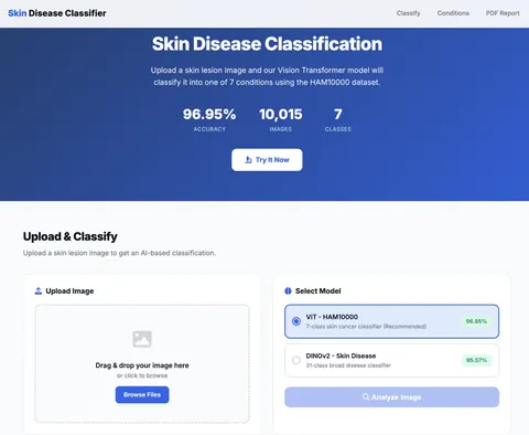 Skin lesion classification web app built for the project: upload a skin image and choose between the ViT and DINOv2 models.
