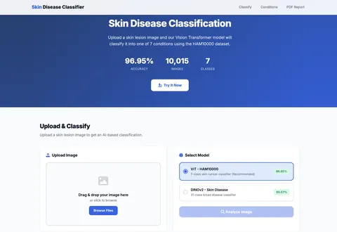 Web app from the skin lesion classification project: upload a skin image and choose between the ViT and DINOv2 models.