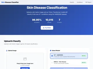 Web app built for the project: upload a skin image and choose between the ViT and DINOv2 models.