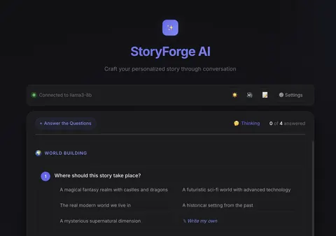 Question step of the M.Tech interactive storytelling web app: the user picks where the story takes place from guided options or writes their own answer.