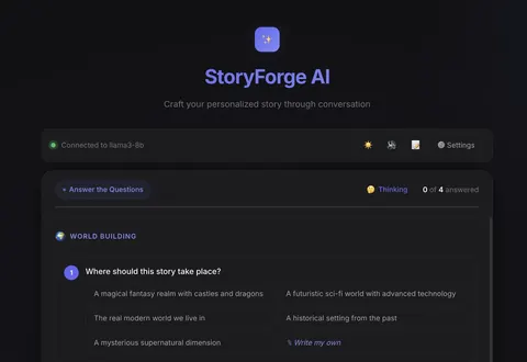Web app Q&A step: the user picks the story's world from guided options or writes their own answer.