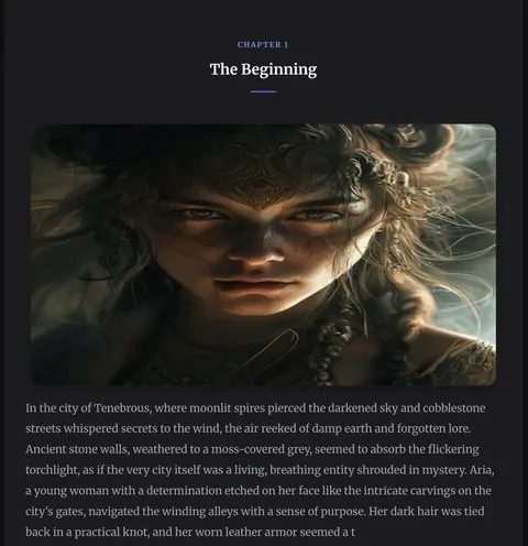 Story reader screen from the M.Tech interactive storytelling app: a generated chapter with an AI-generated illustration above the narrative text.