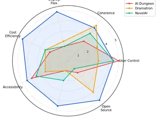 Radar comparison of the proposed system against AI Dungeon, Dramatron and NovelAI across seven dimensions.