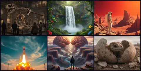 Grid of AI-generated story frames from the M.Tech text-to-video pipeline: museum, nature, Mars, rocket launch, surreal and creature scenes.
