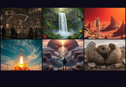 AI-generated story frames from the pipeline's own outputs, covering museum, nature, Mars, rocket launch, surreal and creature scenes.
