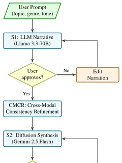 End-to-end pipeline: user prompt, LLM narrative, consistency refinement, diffusion scenes, neural TTS and 1080p MP4 composition, with user review gates.