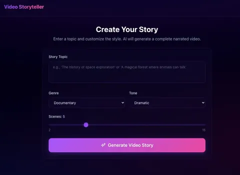 Text to video generator app from a delivered M.Tech project: enter a topic, pick genre and tone, set the scene count and generate a narrated video.
