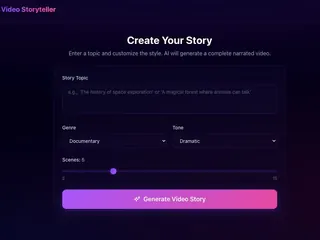 App screen for creating a story: enter a topic, pick genre and tone, set the scene count and generate a narrated video.