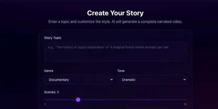 From an M.Tech project: a web app screen where the user enters a story topic, picks genre and tone and generates a narrated video.